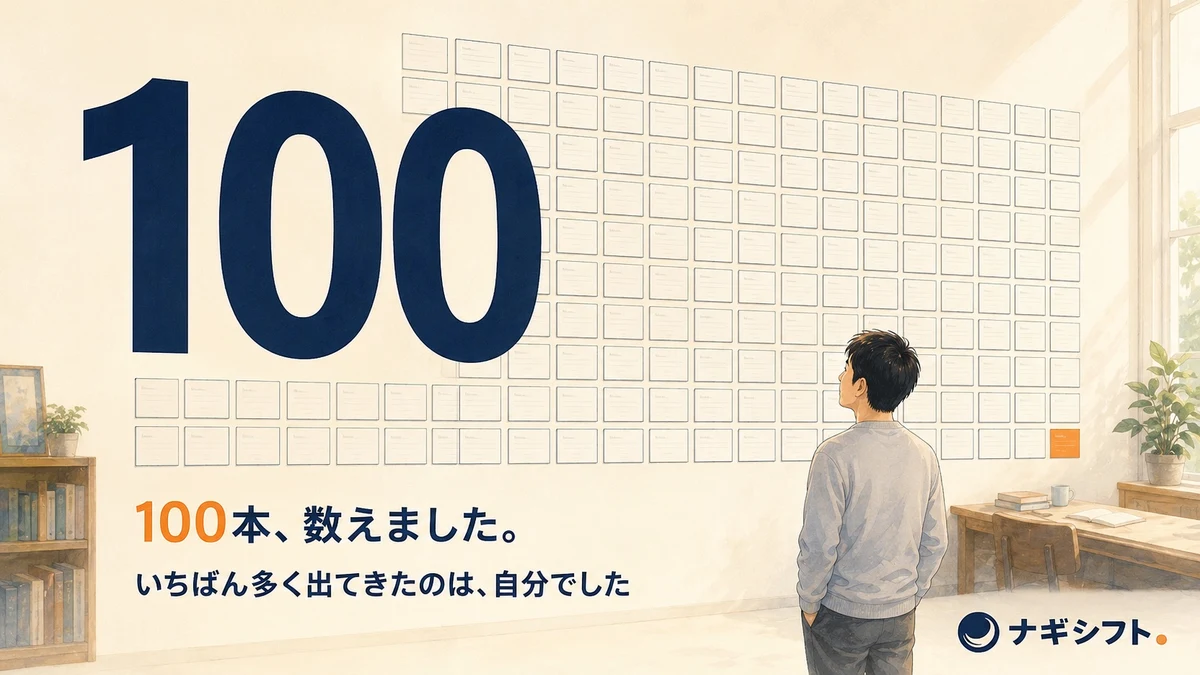 100個の記事カードが並ぶ壁と大きな100の数字を、静かに見上げる40代の管理職