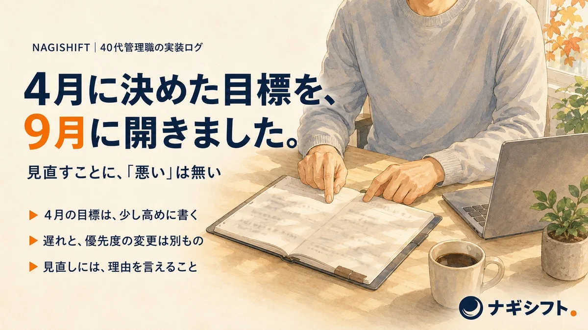 秋の机で目標のシートを開いて読み返す40代管理職の手元