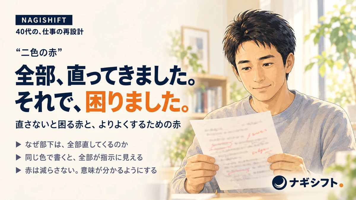 生成りの机で、赤の書き込みが入った紙を手にした40代管理職
