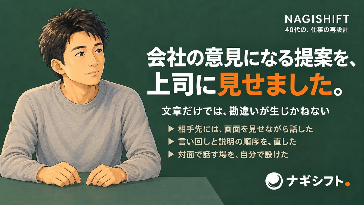 会社の意見になる提案を、上司に見せました。深い松葉色の背景の左側で、机に両手を置き、右の方を静かに見る40代管理職の腰上