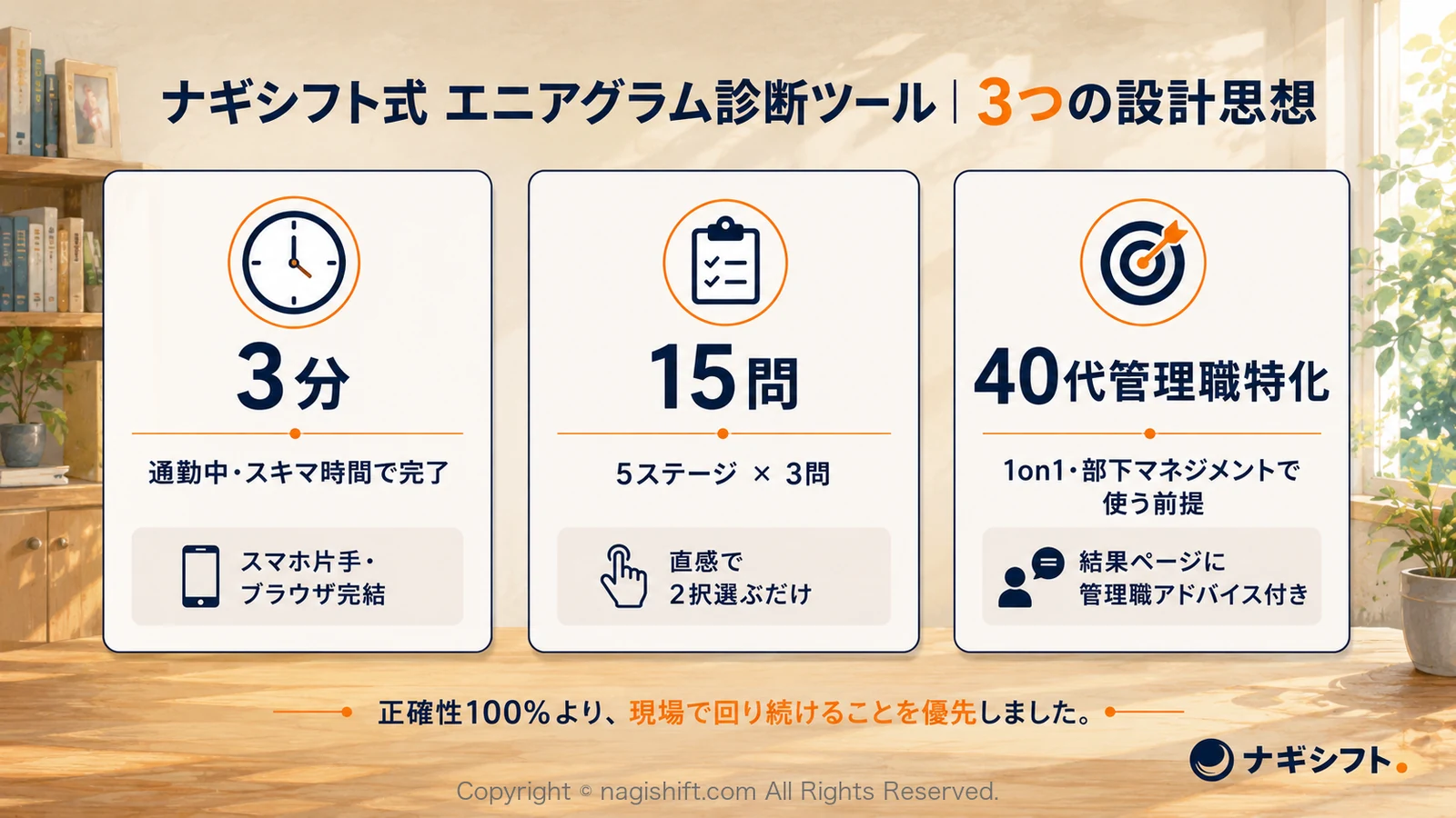 ナギシフト式エニアグラム診断ツール｜3つの設計思想（3分・15問・40代管理職特化）