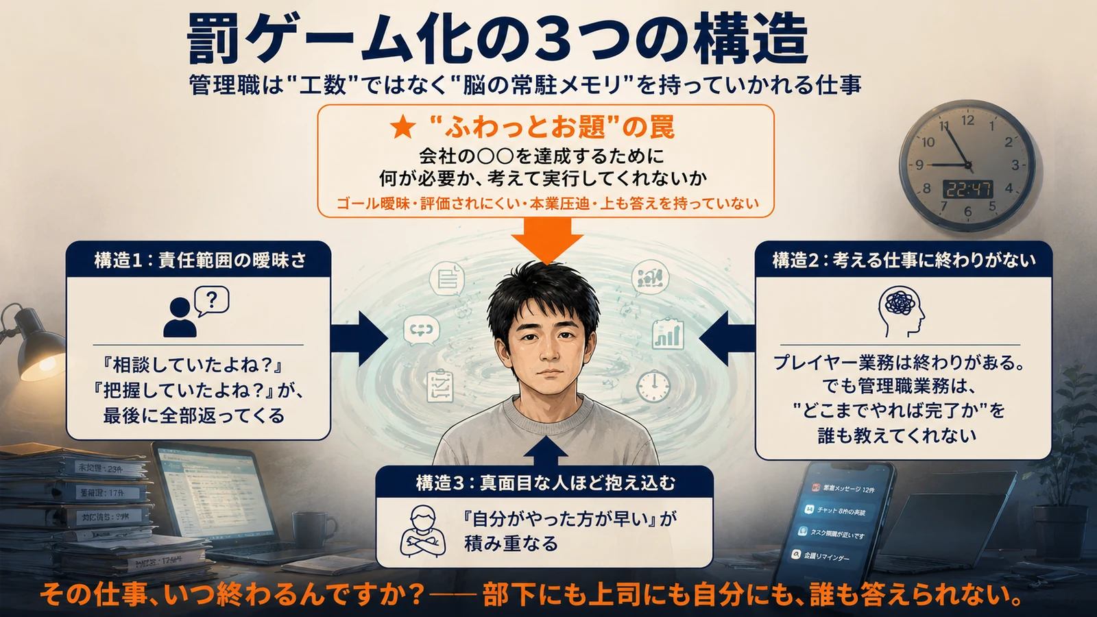 罰ゲーム化の3構造図。責任範囲の曖昧さ・終わりが見えない・抱え込み、そして