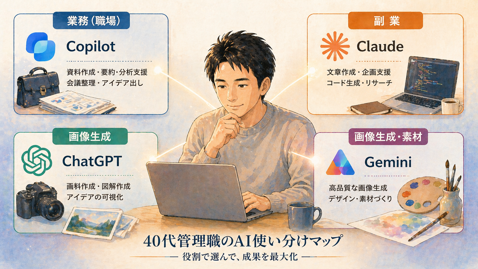 40代管理職のAI使い分けマップ|Copilot・Claude・ChatGPT・Geminiを役割で使い分ける図解