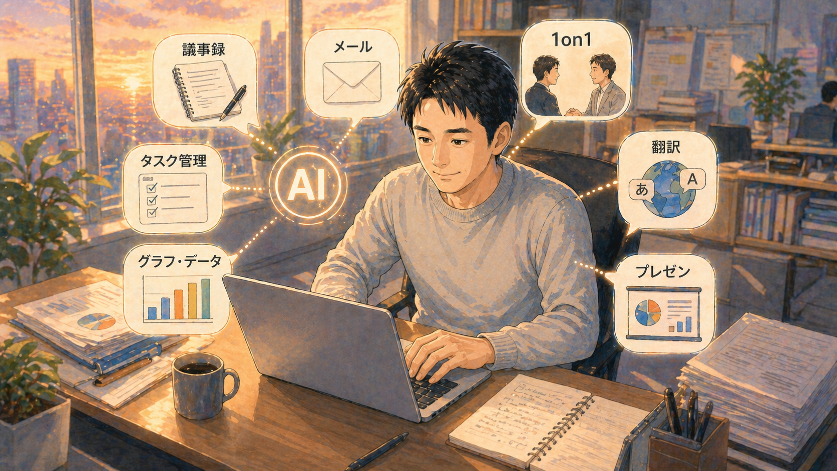 40代管理職が生成AIで業務をこなす全体像|議事録・メール・タスク管理・データ分析・1on1・翻訳・プレゼンなど10シーンの俯瞰図