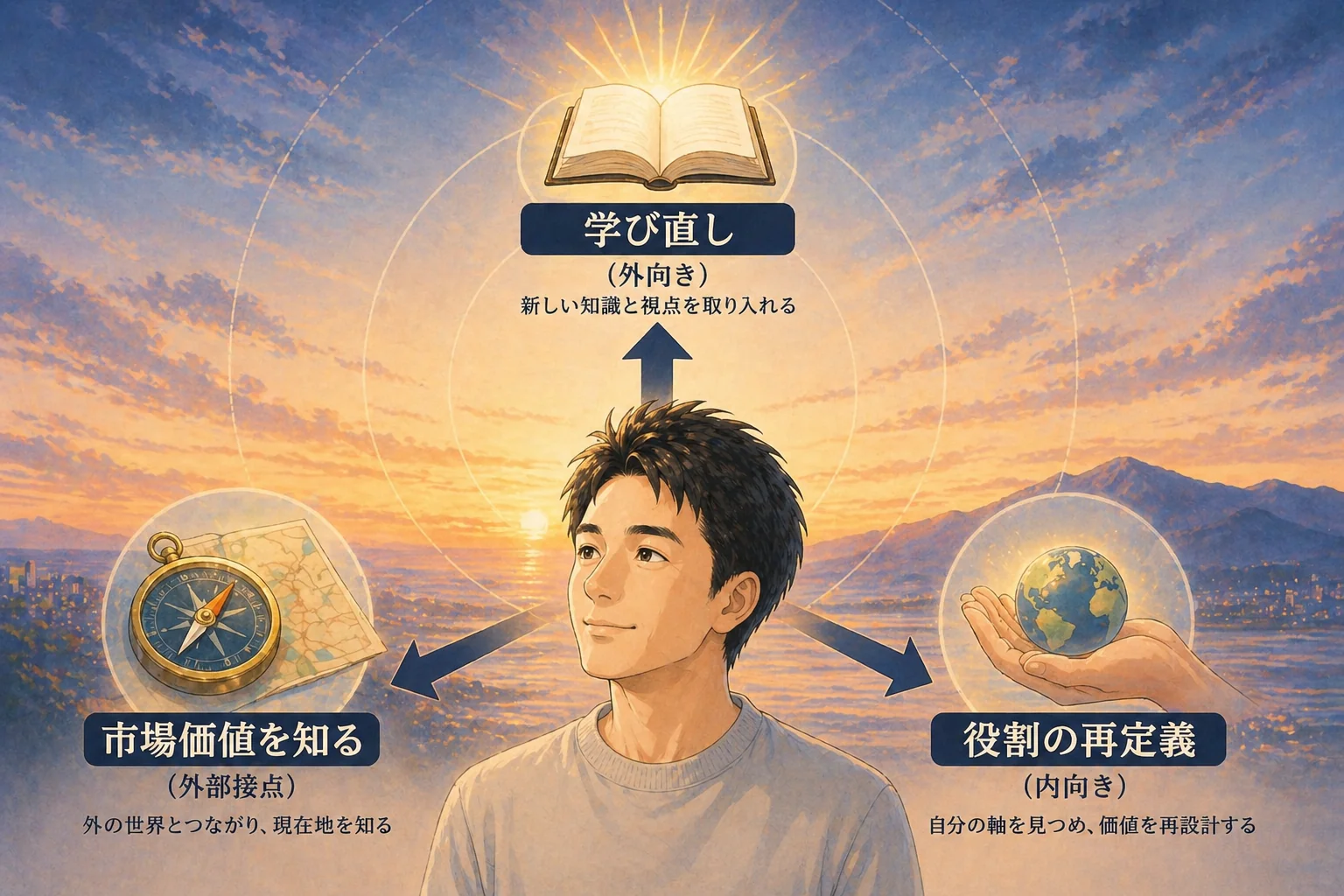 3つの突破口の全体像|学び直し・役割の再定義・市場価値を知るの3方向に視野を広げる図解
