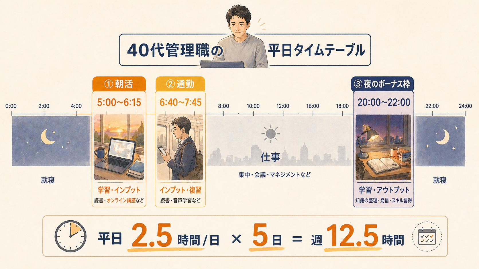 40代管理職の平日タイムテーブル|朝活5:00-6:15+通勤6:40-7:45+夜のボーナス枠20:00-22:00で週12.5時間を確保