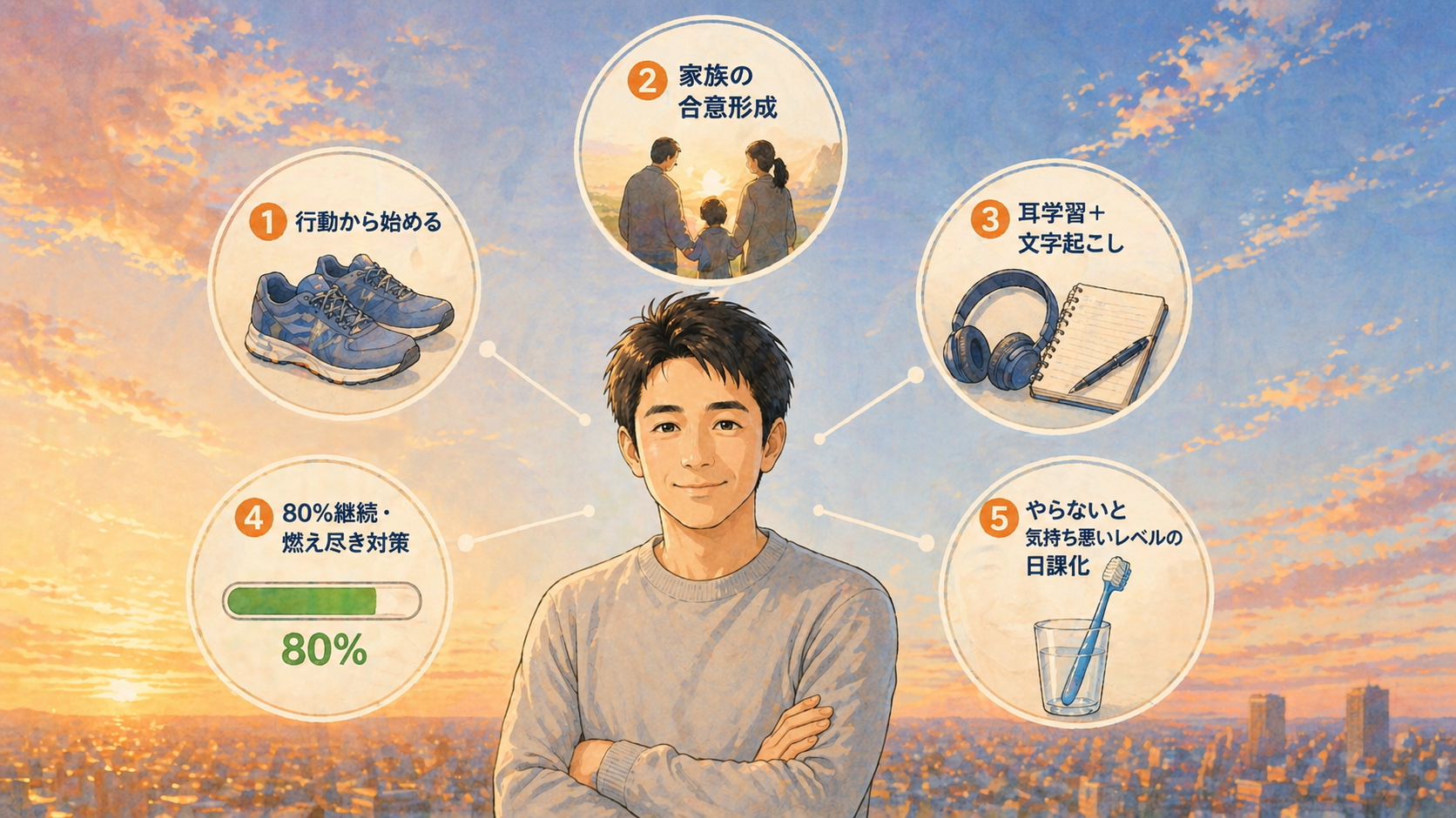 学習継続のための5つの工夫|行動から始める・家族の合意形成・耳学習+文字起こし・80%継続・日課化を示す図解